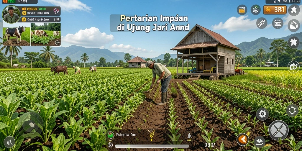 Screenshot gameplay HOT51 menampilkan kebun hijau yang subur dan penuh warna.
